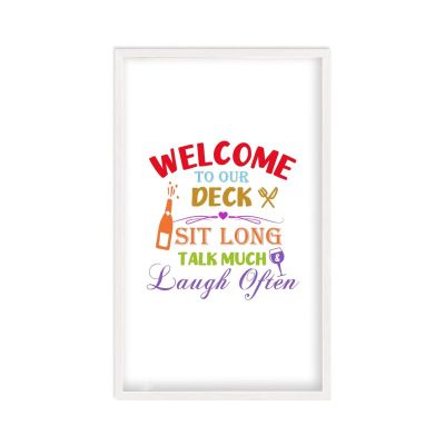 Deck Life Rustic Sign with Wood Frame, Welcome to Our Deck, Sit Long, Talk Much And Laugh Often Printable Farmhouse Entryway Wooden Artwork, Wall Art Decor Hanging Plaque, New Home Gift, 12x22 Inch