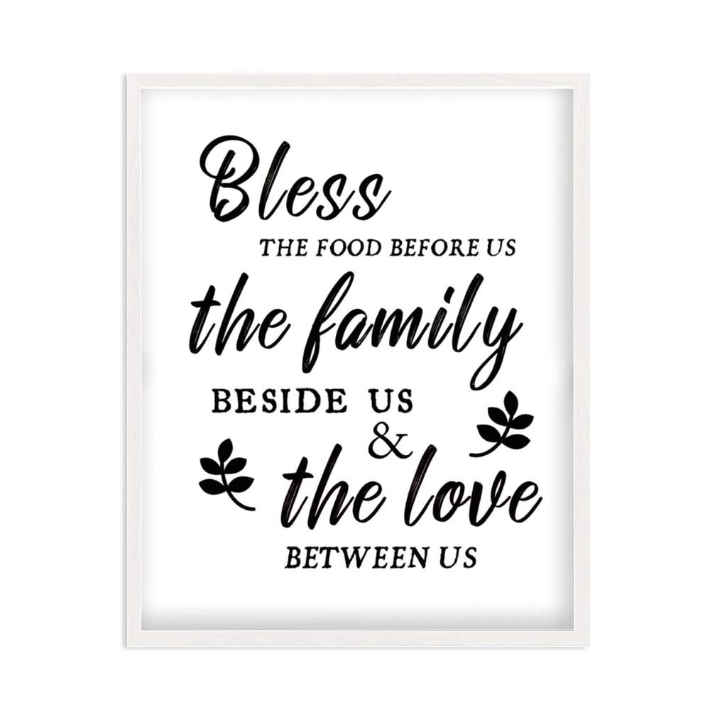 Blessing Rustic Sign with Wood Frame, Bless The Food Before Us The Family Beside Us The Love Between Us Printable Farmhouse Entryway Wooden Artwork, Wall Art Decor Hanging Plaque, 16x20 Inch