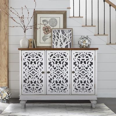 Sophia & William Sideboard and Buffet with Storage, 3-Door Hollow-Carved Accent Cabinet, Distressed Wood Storage Cabinet Cupboard for Kitchen, Dining Room, Living Room, Entryway, White