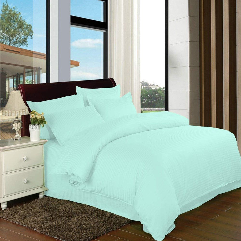 8 Piece Bed in a bag Striped Bedding Duvet & Sheet Set Aqua Over Sized King Size With Zipper & Corner Ties Set Include - 1 Duvet, 1 Bed Skirt ,1 Flat ,1 Fitted 15'' Deep ,4 Pillowcases & Shams