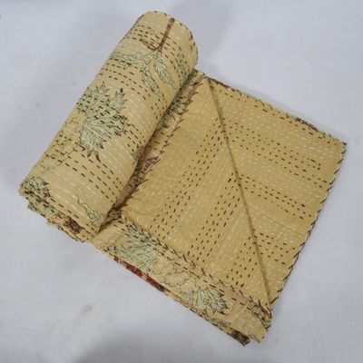 Indian Handmade Twin Cotton Kantha Quilt Throw Blanket Bedspread Hand Block Floral Print
