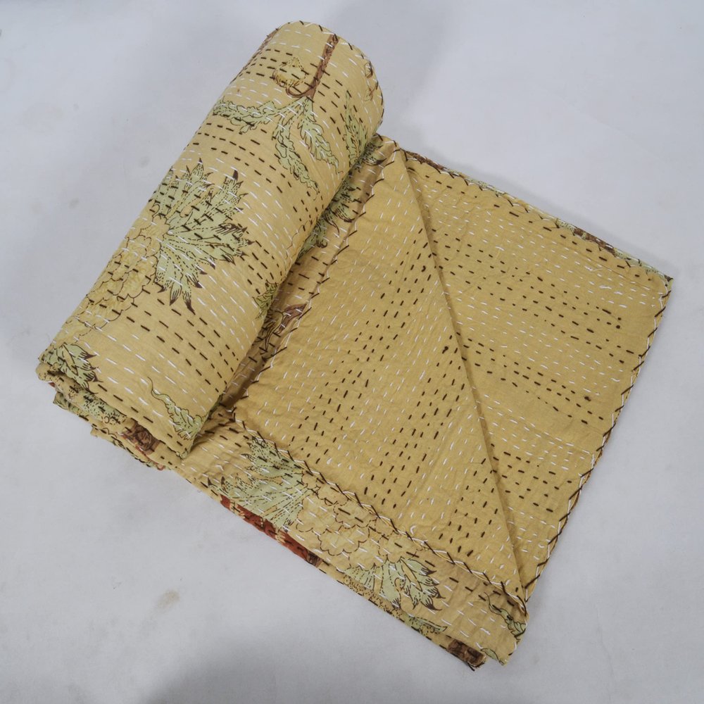 Indian Handmade Twin Cotton Kantha Quilt Throw Blanket Bedspread Hand Block Floral Print