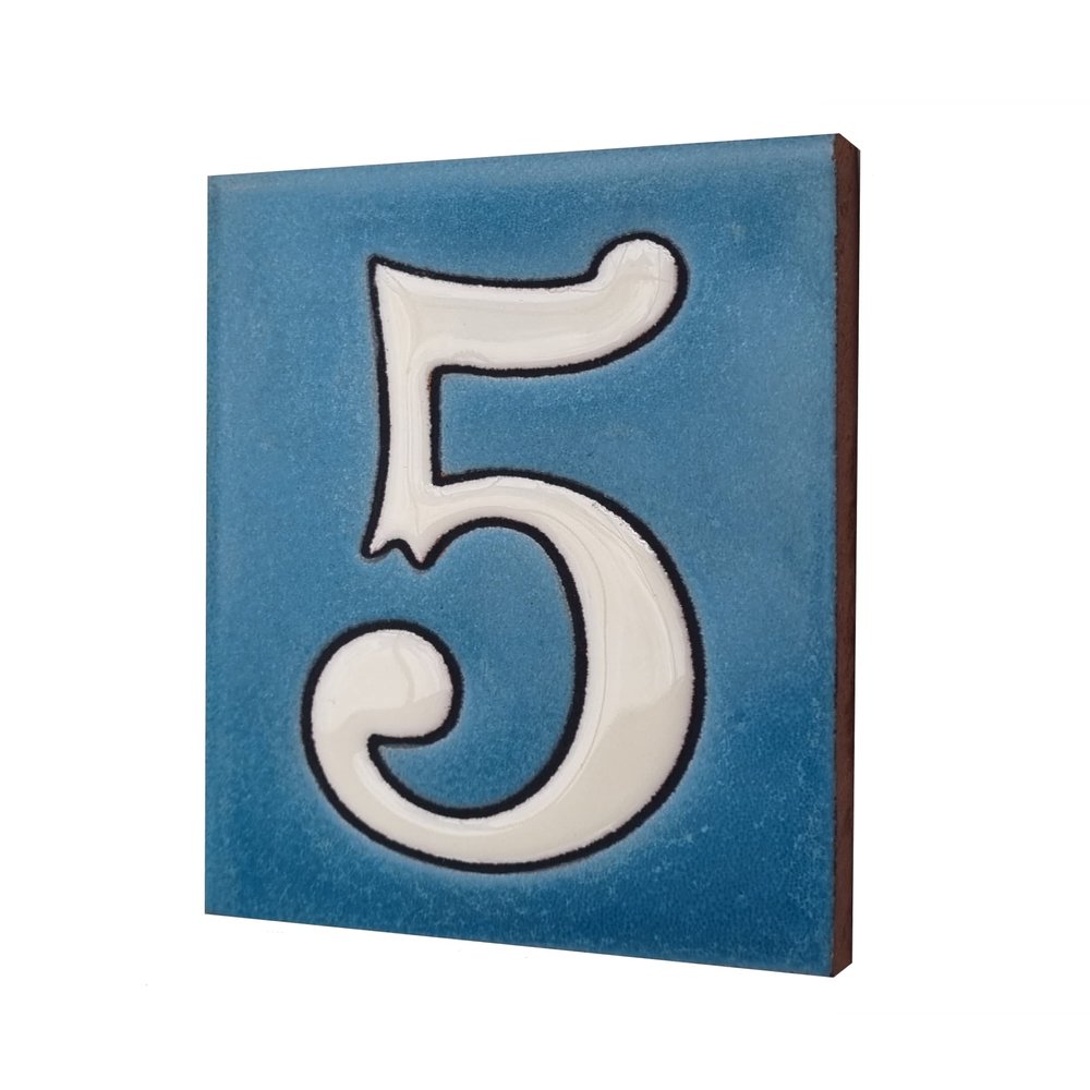 10cm x 7.5cm Blue & White Spanish Hand-painted Ceramic Number Tiles & Filigree Frames (Blue Number 5)