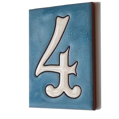 10cm x 7.5cm Blue & White Spanish Hand-painted Ceramic Number Tiles & Filigree Frames (Blue Number 4)