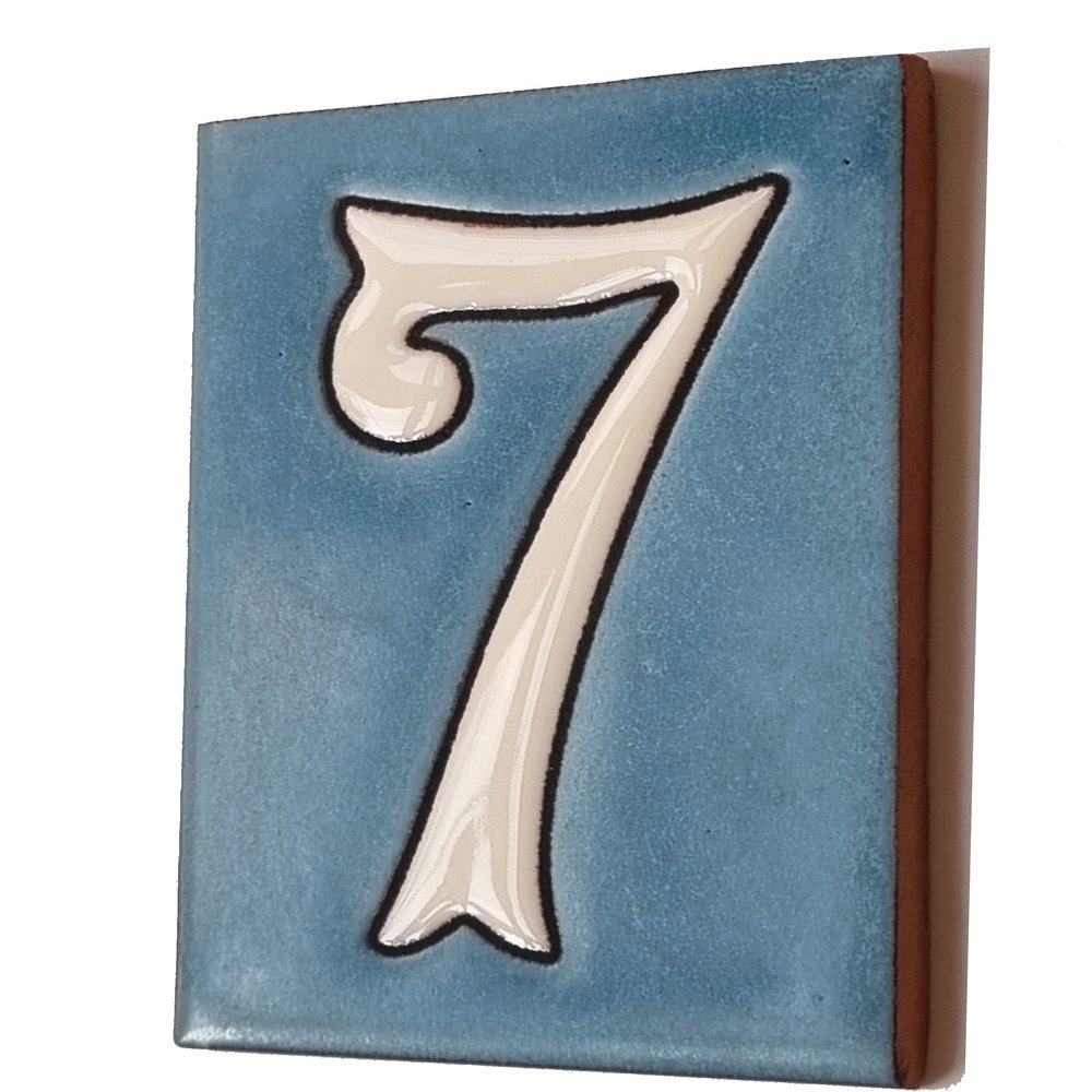 10cm x 7.5cm Blue & White Spanish Hand-painted Ceramic Number Tiles & Filigree Frames (Blue Number 7)