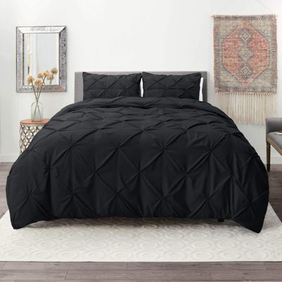 Wega Linen King Duvet Cover Set Pintuck Comforter Cover King 5 Piece Pinch Pleat Duvet Cover with 4 Pillow Shams Black