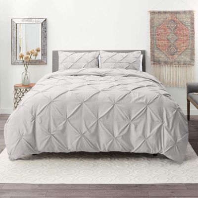Wega Linen Queen Duvet Cover Set Pintuck Comforter Cover Queen 5 Piece Pinch Pleat Duvet Cover with 4 Pillow Shams Light Grey