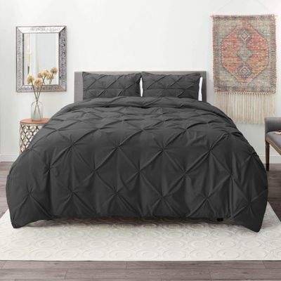 Wega Linen Twin Duvet Cover Set Pintuck Comforter Cover Twin 5 Piece Pinch Pleat Duvet Cover with 4 Pillow Shams Dark Grey