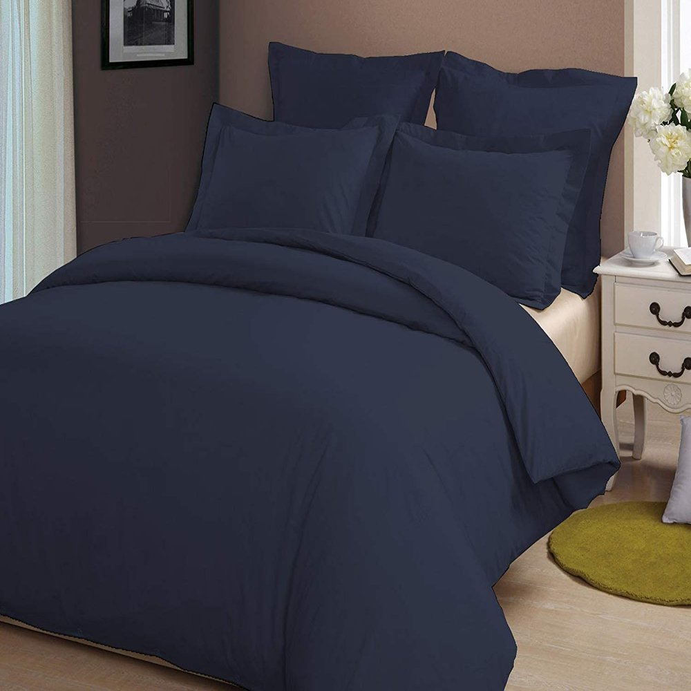 100% Pure Cotton 3 Piece Bedding Set Cotton Duvet Set Soft Bedding Collection, Cotton Simple Embroidery Solid Color, One Duvet Cover and Two Pillowcase -(King/Cal King Navy Blue)