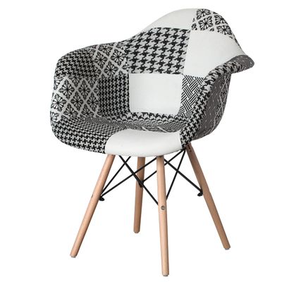 Fabulaxe Mid-Century Modern Black and White Accent Chair for Bedroom, Fabric Lined Armchair with Beech Wooden Legs