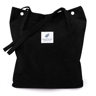 LHMTQVK Tote Women Girls, Large Capacity Corduroy Reusable Grocery Shoulder Bag with Inner Pockets,Black