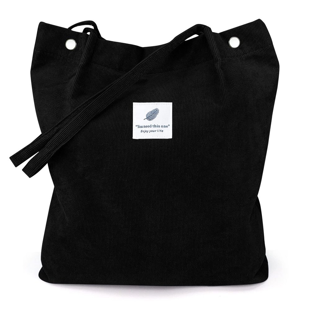 LHMTQVK Tote Women Girls, Large Capacity Corduroy Reusable Grocery Shoulder Bag with Inner Pockets,Black