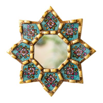 DecorContreras Peruvian Star Wall Mirror, Turquoise Hand-Painted Glass, 6"