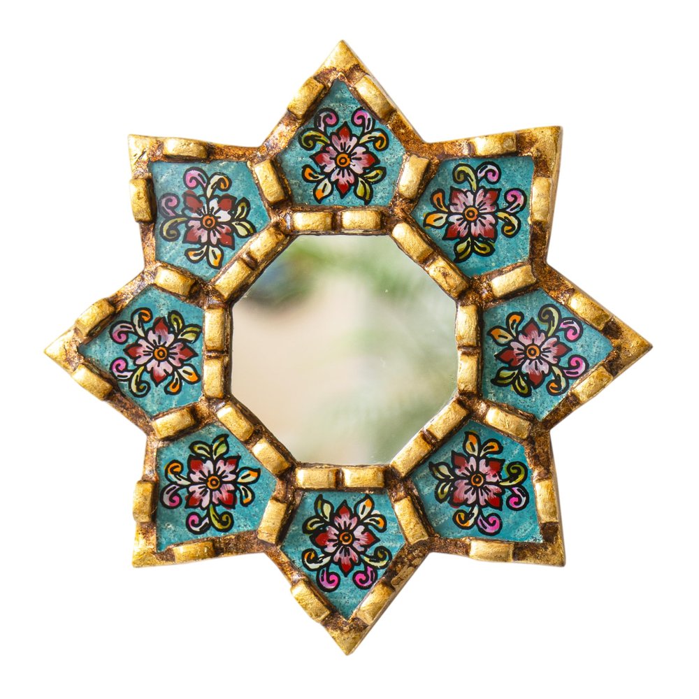DecorContreras Peruvian Star Wall Mirror, Turquoise Hand-Painted Glass, 6"
