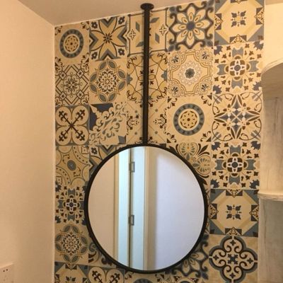 DXZ-Design Bathroom Hanging Rod Mirror, Black Ceiling Mounted Mirror with Metal Hanging Rod, Decorative Simple Mirror for Entry Living Room Clear Practical (Size : Diameter-40CM/15.7INCH)