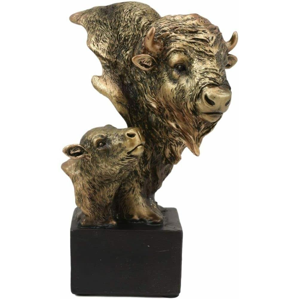 6" Tall Wild Bison and Calf Head Bust Figurine with Black Pedestal