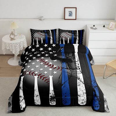 Boys Baseball Bedding Set Twin,Grunge Style Baseball Bat Basketball Softball Comforter Set for Kids Bedroom Decor,American Flag Stars Quilted Duvet,Ball Sports Game Down Comforter Warm,White Blue