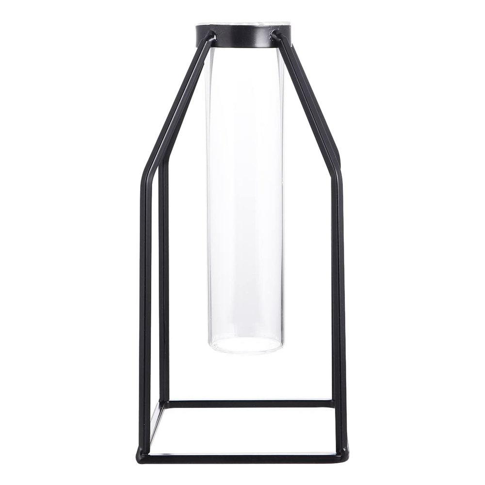 BESPORTBLE Nordic Simple Glass Vase Iron Art Vase Desktop Flower Vase with Metal Stand Hydroponic Plant Holder Test Tube Bud Vase for Home Kitchen Office Table Top Decor Black B