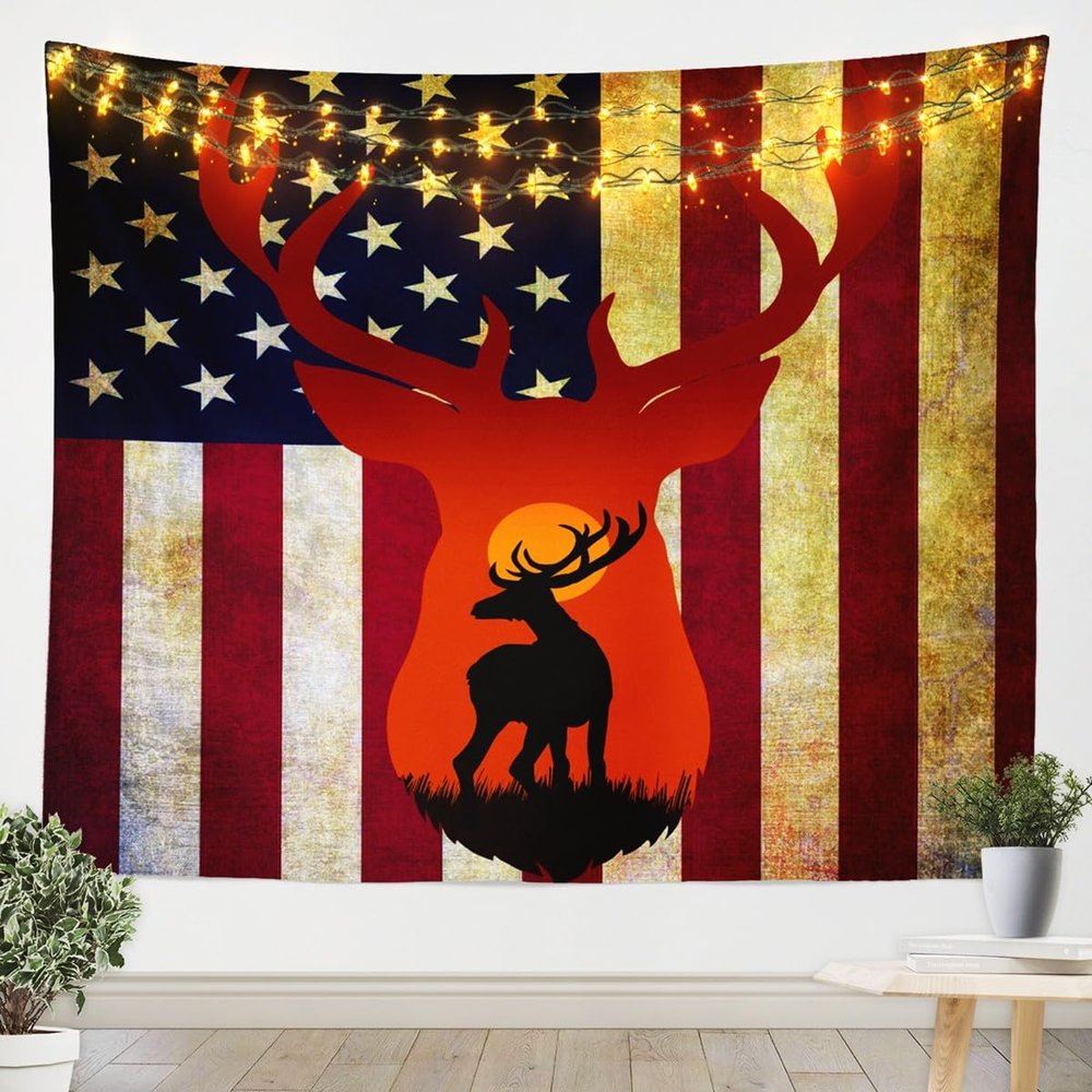 Castle Fairy Retro American Flag Tapestry Elk Silhouette Tapestries Art Home Decoration Bedroom Decor Living Room Door Stars Stripes Tapestry Wall Hanging Sunset Scenery Wall Hangings Art70.9x92.5