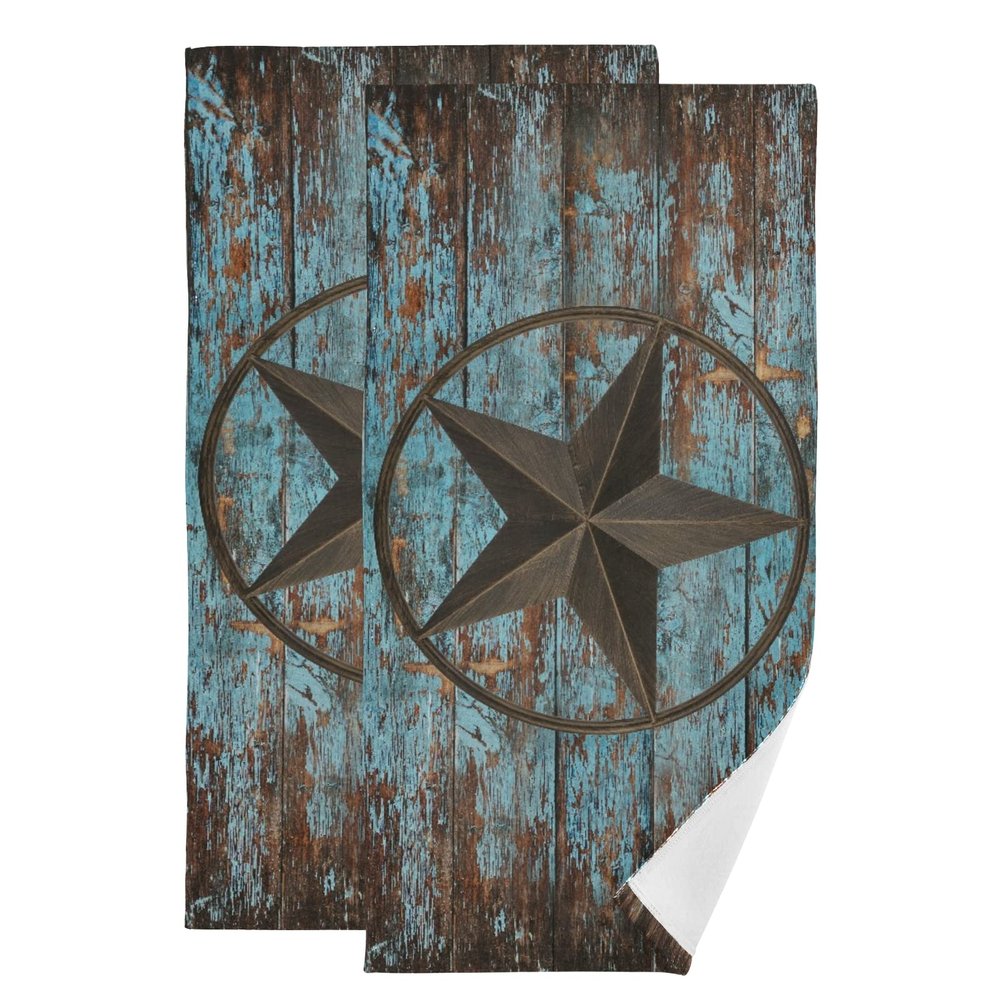 AIYOOLER Western Hand Towels Set of 2,Rustic Country Barn Texas Star on Teal Wooden Plank Small Bath Towels Soft Absorbent Decorative Bathroom Hand Towels for Kitchen Dish Spa Yoga Guest 14.4"x28.3"