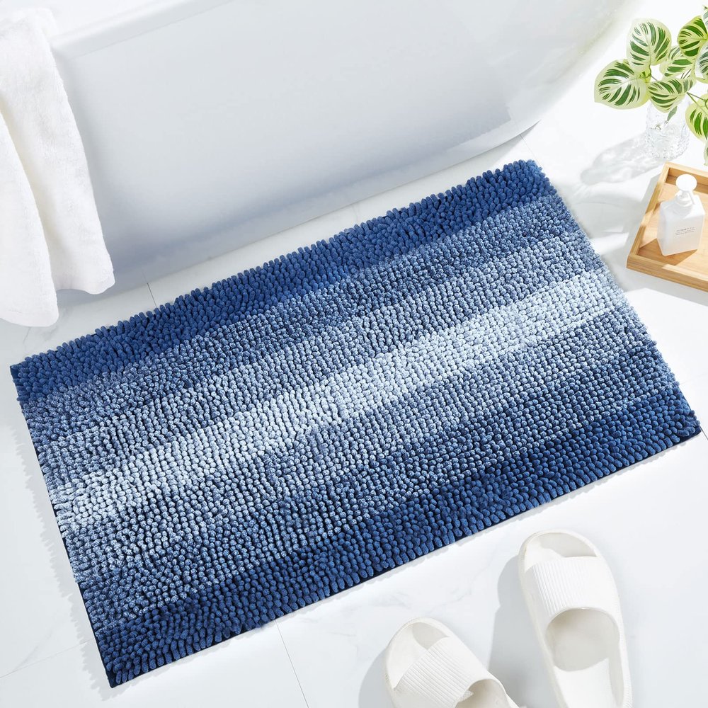 Gibelle Blue Bathroom Rugs, Luxury Chenille Bath Mat, Small Non Slip Shower Rug and Bath Room Floor Mats, Machine Washable, Quick Dry Bathmat, Soft Cozy Plush Rug for Tub, 16" x 24"