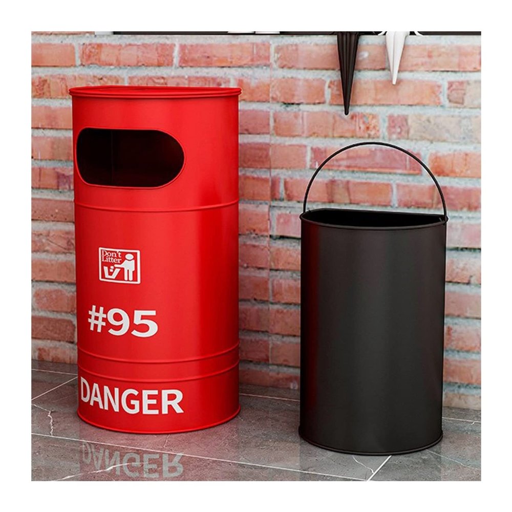 Bins Commercial Large Metal Trash Can, Retro Industrial Style Outdoor Litter Box with Lid (Color : Red, Size : 40x70cm)