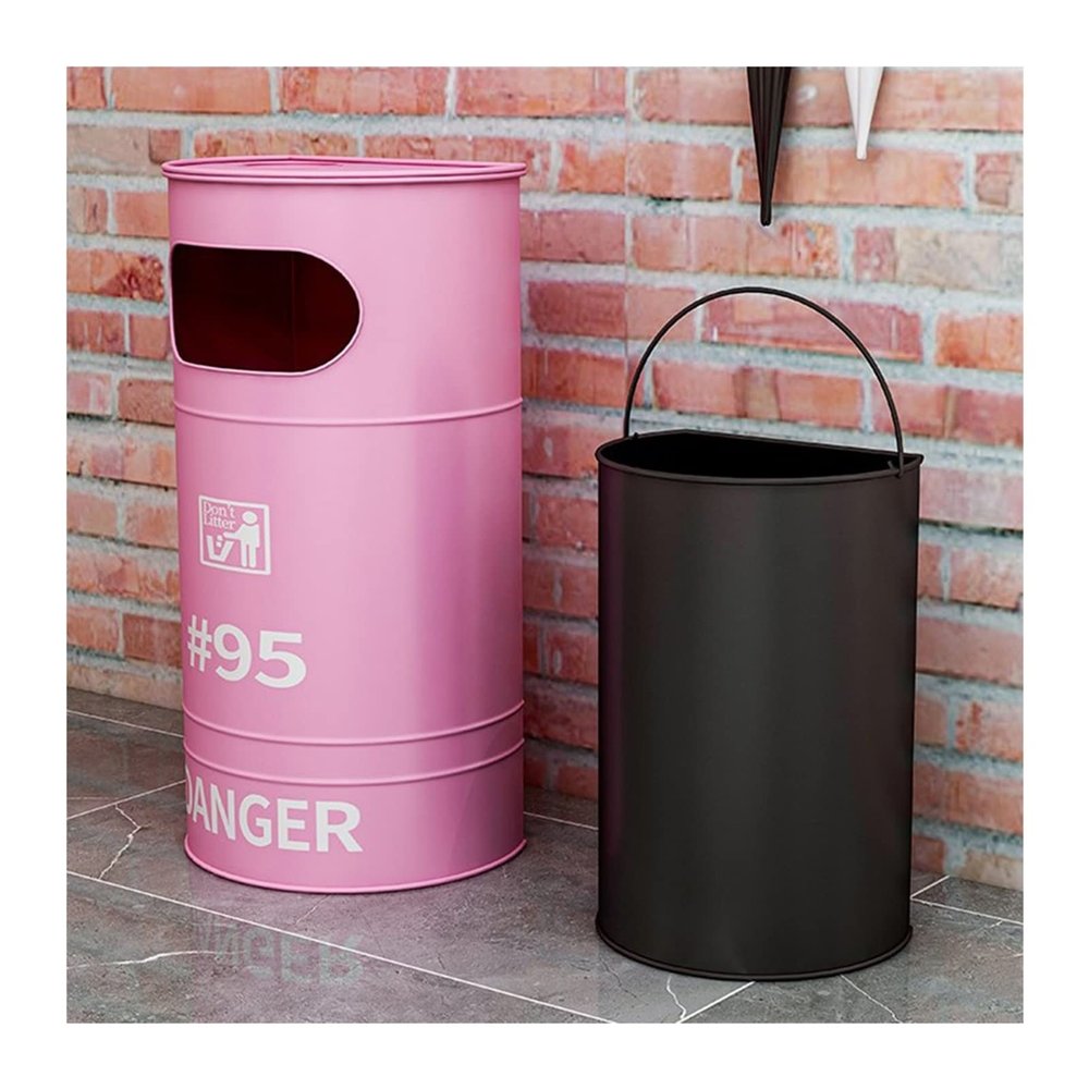 Bins Commercial Large Metal Trash Can, Retro Industrial Style Outdoor Litter Box with Lid (Color : Pink, Size : 40x70cm)