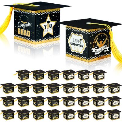AerWo Graduation Party Favors, 30Pcs Gold and Black Graduation Gifts Bulk Grad Cap Decorations Candy Boxes for College High School Party Decorations (2025)