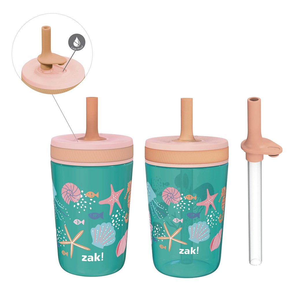 Zak Designs Shells Kelso Tumbler Set, Leak-Proof Screw-On Lid with Straw, Bundle for Kids Includes Plastic and Stainless Steel Cups with Bonus Sipper (3pc Set, Non-BPA)