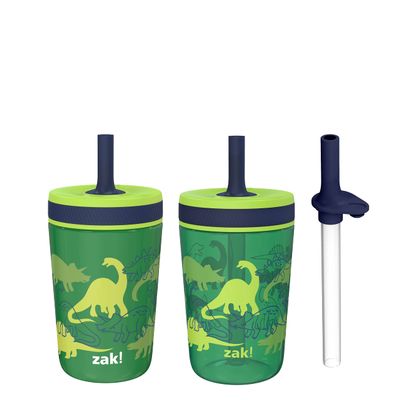 Zak Designs Dino Camo Kelso Tumbler 3pc Set, Leak-Proof Screw-On Lid with Straw, Bundle for Kids Includes Plastic and Stainless Steel Cups with Additional Sipper