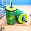 Zak Designs Dino Camo Kelso Tumbler 3pc Set, Leak-Proof Screw-On Lid with Straw, Bundle for Kids Includes Plastic and Stainless Steel Cups with Additional Sipper view 3