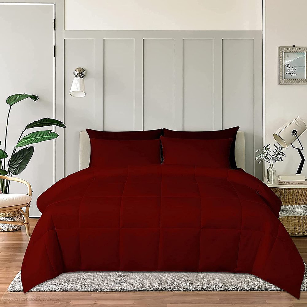 100% Best Cotton 5 PCs Down Feather Fill Comforter | 500 GSM | Box Stitched Quilted For Oversized Queen Size Bed Lightweight Premium Quality Fabric (Burgundy Solid Comforter with 4 Pillow Shams)