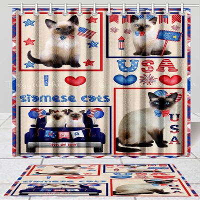 4th of July Independence Day I Love USA Siamese Cat Bath Mat & Shower Curtain Combo - Non-Slip Bathroom Plush Rug Mat Polyester Bathtub Curtain Screens with Hook, BM 20''x 32'', SC 72"x72"