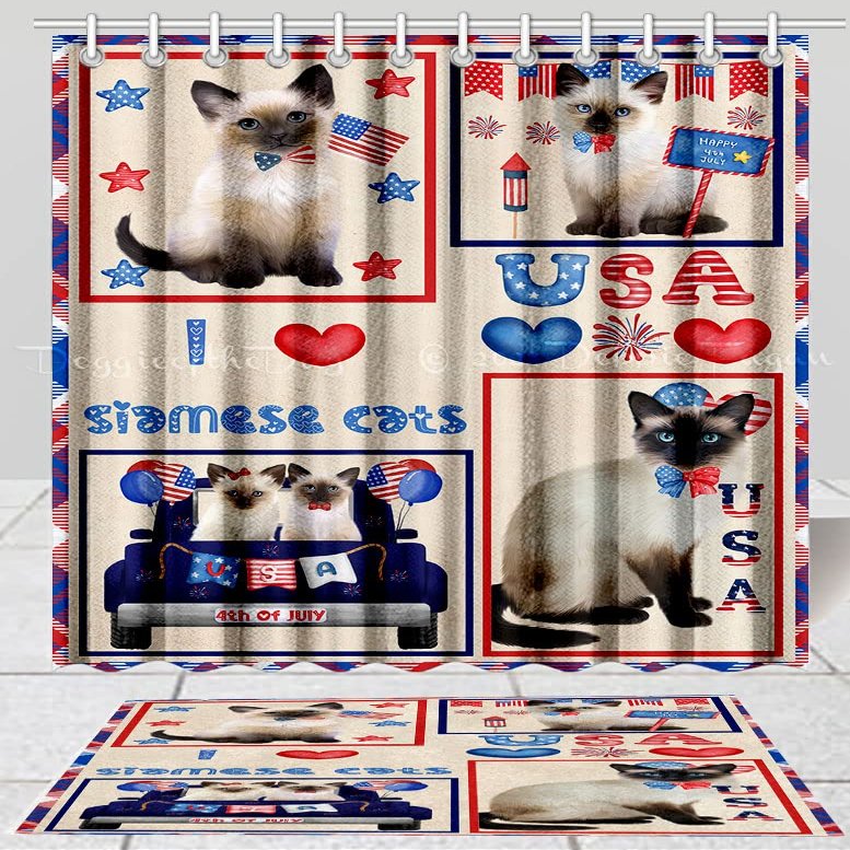 4th of July Independence Day I Love USA Siamese Cat Bath Mat & Shower Curtain Combo - Non-Slip Bathroom Plush Rug Mat Polyester Bathtub Curtain Screens with Hook, BM 20''x 32'', SC 72"x72"