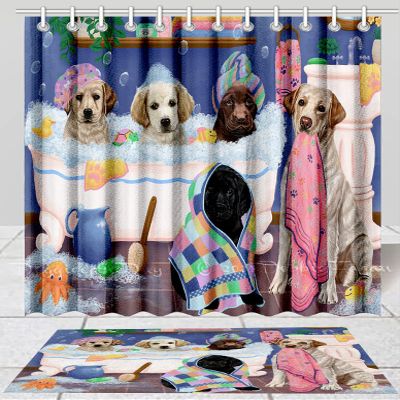 Rub A Dub Dogs in A Tub Labrador Dog Bath Mat & Shower Curtain Combo - Non-Slip Bathroom Decor Plush Rug Mat Polyester Bathtub Curtain Screens with Hooks, BM 20''x 32'', SC 69"x72"