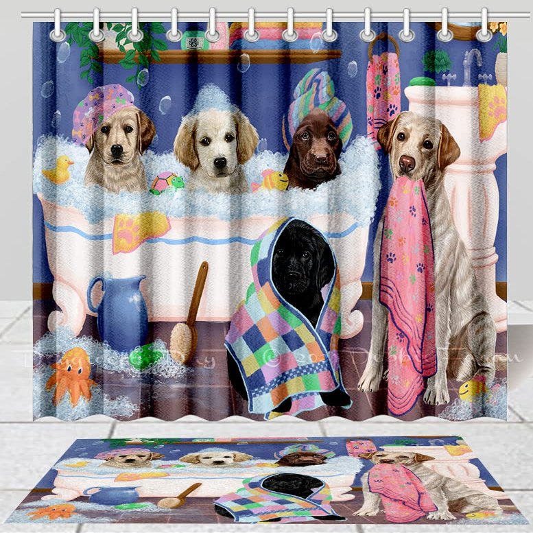 Rub A Dub Dogs in A Tub Labrador Dog Bath Mat & Shower Curtain Combo - Non-Slip Bathroom Decor Plush Rug Mat Polyester Bathtub Curtain Screens with Hooks, BM 20''x 32'', SC 69"x72"