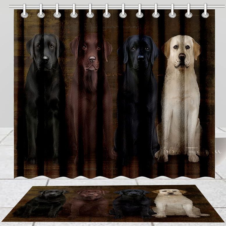 Rustic 4 Labrador Dog Bath Mat & Shower Curtain Combo - Non-Slip Bathroom Decor Plush Rug Mat Polyester Bathtub Curtain Screens with Hooks, BM 20''x 32'', SC 69"x70"