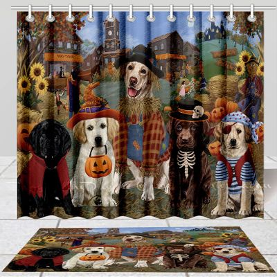Halloween 'Round Town Labrador Dog Bath Mat & Shower Curtain Combo - Non-Slip Bathroom Decor Plush Rug Mat Polyester Bathtub Curtain Screens with Hooks, BM 20''x 32'', SC 69"x84"