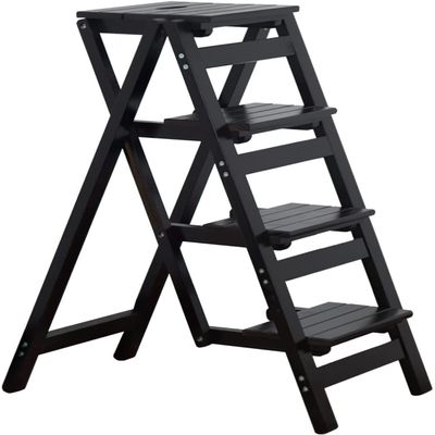 Step Stool, 4-Step or 3-Step Folding, Portable, Made of The Solid Wood, Three Color Available (4-Step Black)