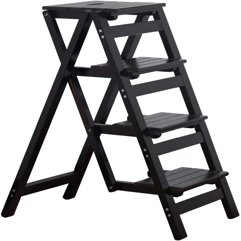 Step Stool, 4-Step or 3-Step Folding, Portable, Made of The Solid Wood, Three Color Available (4-Step Black)