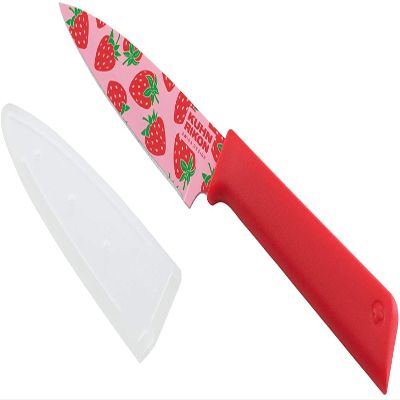 Kuhn Rikon Colori+ Non-Stick Straight Paring Knife with Safety Sheath, 4 inch/10.16 cm Blade, Funky Fruit Strawberry
