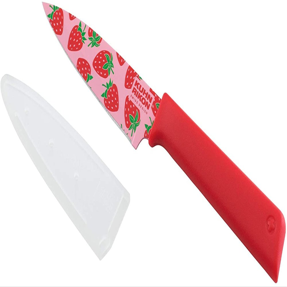 Kuhn Rikon Colori+ Non-Stick Straight Paring Knife with Safety Sheath, 4 inch/10.16 cm Blade, Funky Fruit Strawberry
