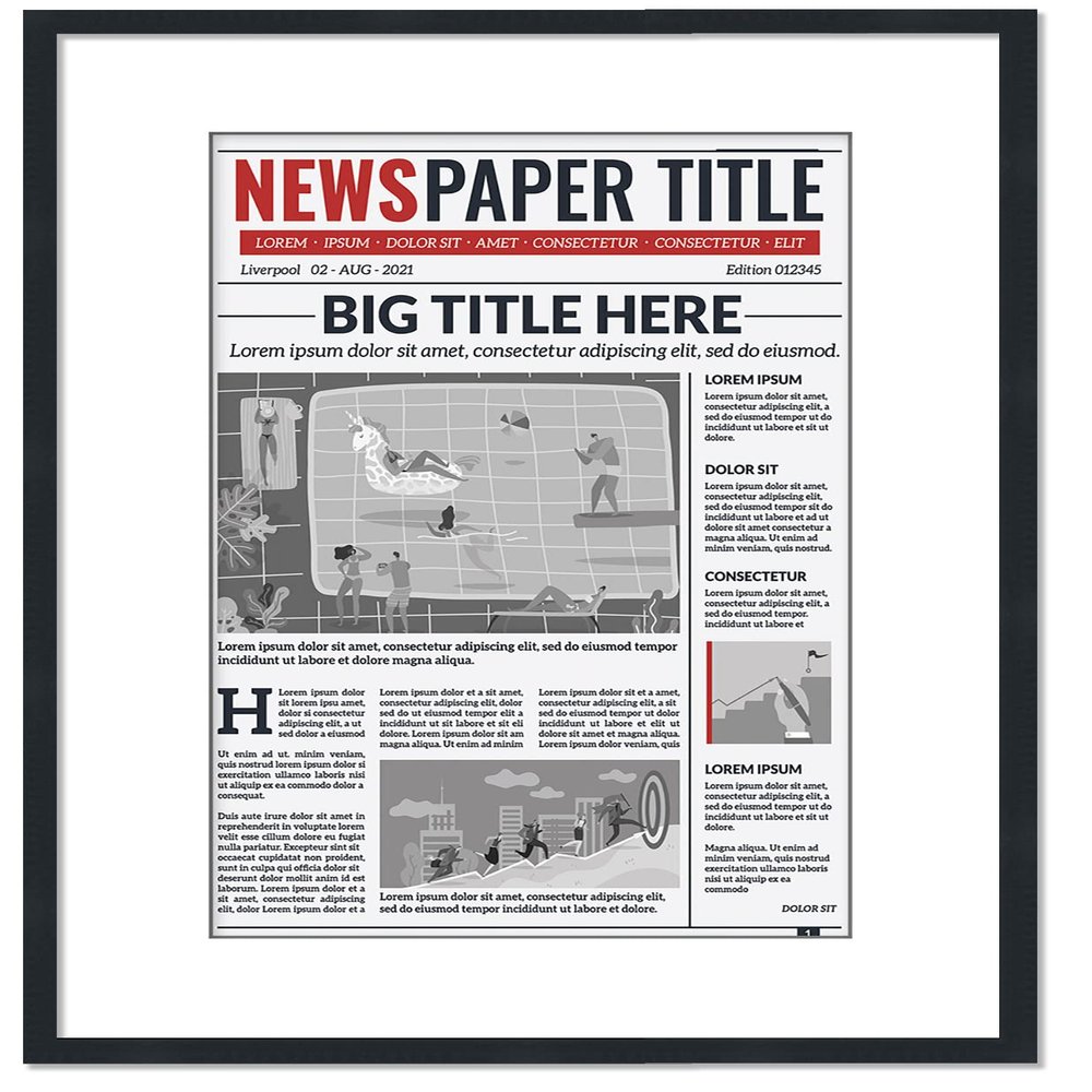 CountryArtHouse 18.5x12.5 Newspaper Frame With Mat Solid Wood - Matte Black Finish - Matches Any Decor - Size 18.5x12.5 - Shatter Guard UV Coated Acrylic, Acid Free Interior