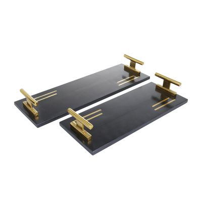 Deco 79 Marble Living Room Decor Tray Ottoman Tray with Gold Handles, Set of 2 Serving Tray 22", 18"W, Black