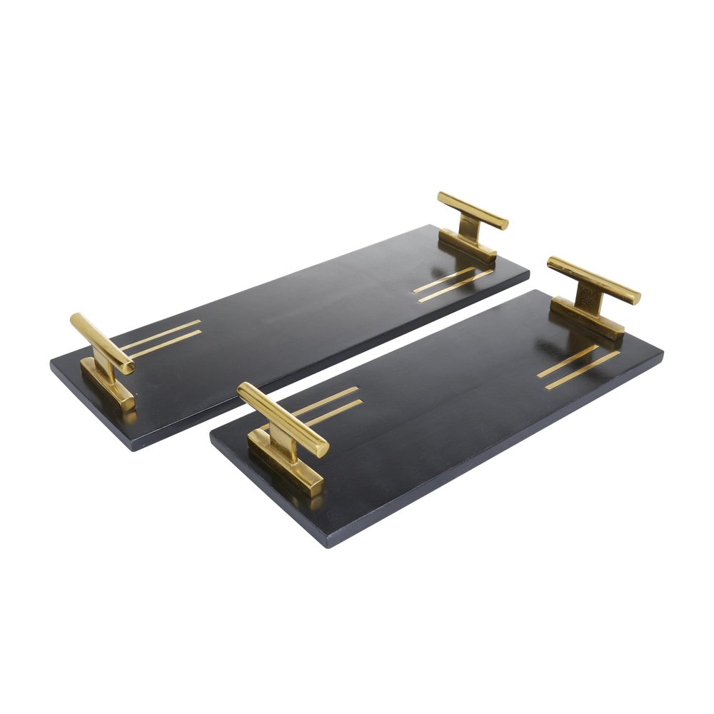 Deco 79 Marble Living Room Decor Tray Ottoman Tray with Gold Handles, Set of 2 Serving Tray 22", 18"W, Black