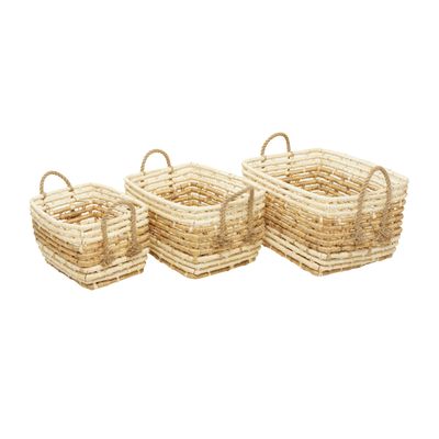 Deco 79 Seagrass Handmade Two Toned Storage Basket with Handles, Set of 3 22", 20", 19"W, Brown