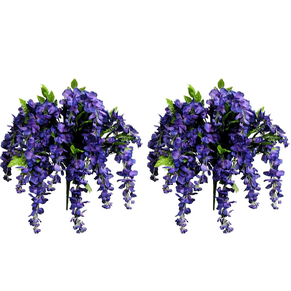 Admired by Nature 2pcs of 15 Stem Artificial Flowers Wisteria Hanging Plants Flowers for Outdoor, Fake Hanging Plant Baskets for Home Decor Wedding Garden Cemetery Flowers for Grave, Purple