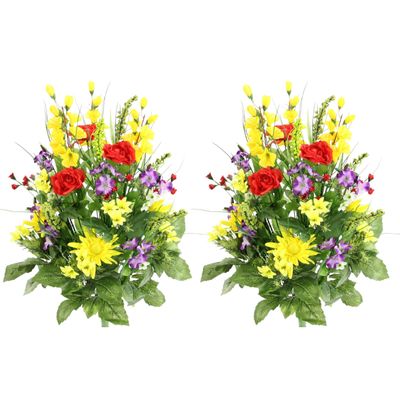 Admired by Nature 2pcs of 30 Stem Artificial Flowers Morning Glory & Ranunculus Bush Spring Faux Flower Arrangement for Indoor Wedding Home Decor, Cemetery Decorations, Yellow Red Purple
