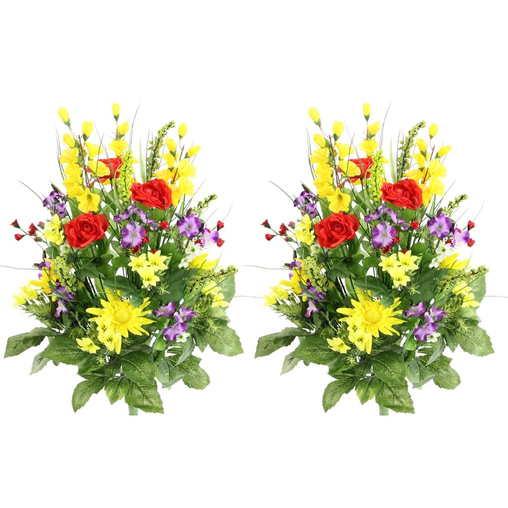 Admired by Nature 2pcs of 30 Stem Artificial Flowers Morning Glory & Ranunculus Bush Spring Faux Flower Arrangement for Indoor Wedding Home Decor, Cemetery Decorations, Yellow Red Purple