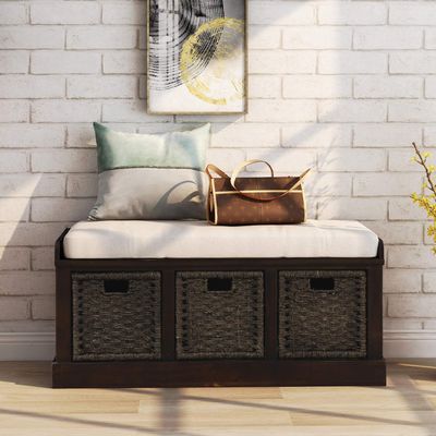 Goujxcy Rustic Storage Bench with 3 Removable Classic Rattan Basket, Entryway Bench with Removable Cushion for Entryway, Hallway, Mudroom, Living Room (Grey)